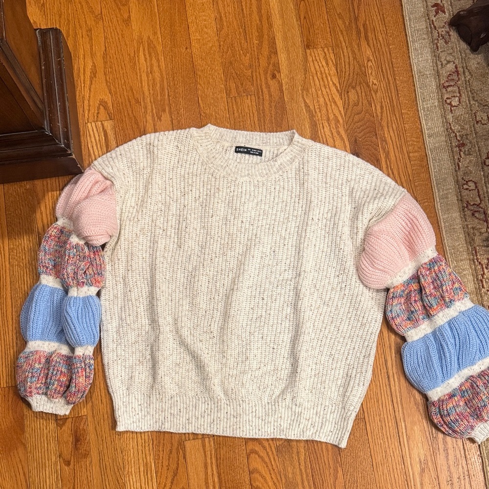 SHEIN Cream Sweater with Pink and Blue Sleeves